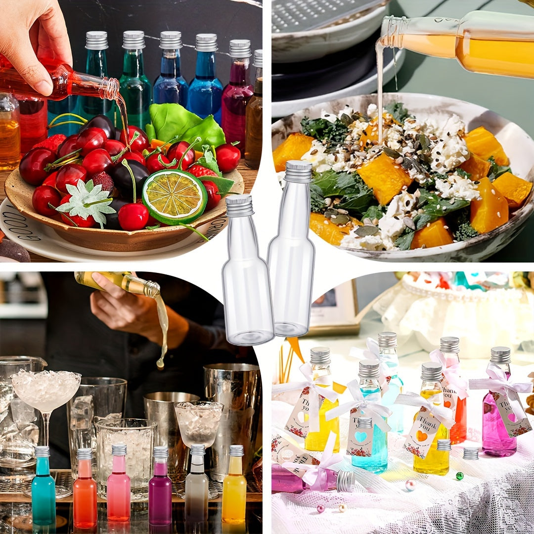 Set of 24 Reusable PET Plastic Juice Bottles 60ml 100ml 150ml with Lids and Funnel