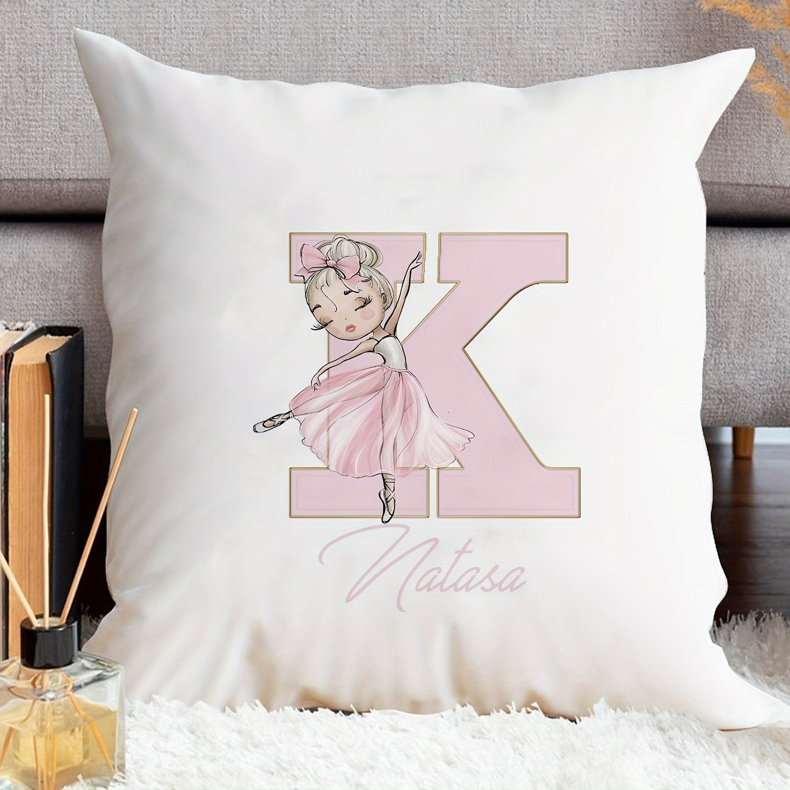 Shaxsiylashtirilgan samoviy yostiq qopqog'i, balet qiz dizayni bilan, pushti harflar, divan uchun dekor, bitta tomonli bosma