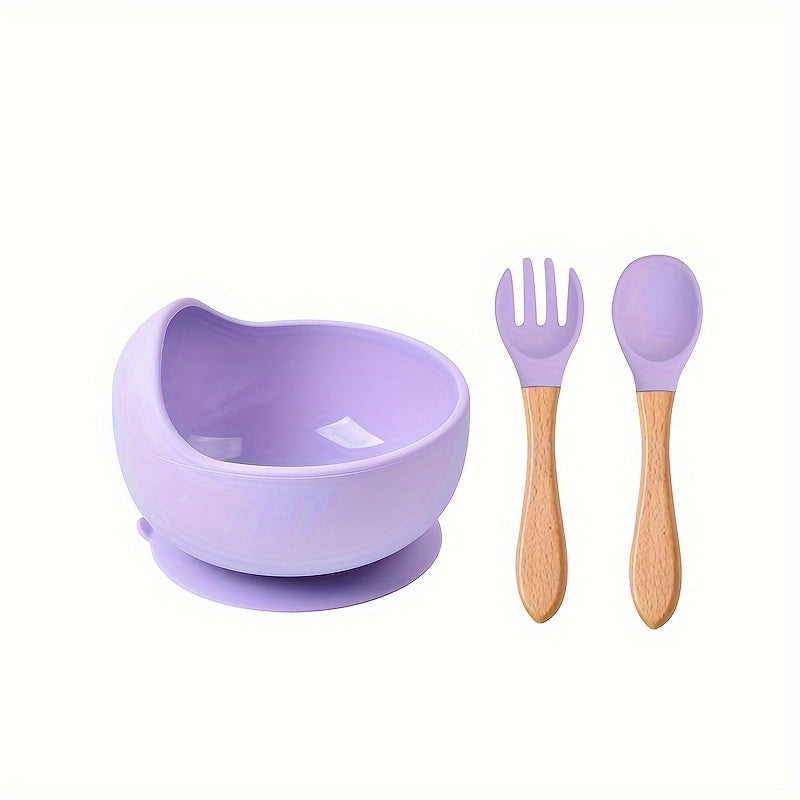 Baby Feeding Set Silicone Bowl Fork Spoon Non-Slip Microwave Safe Wooden Handle 3 Pieces