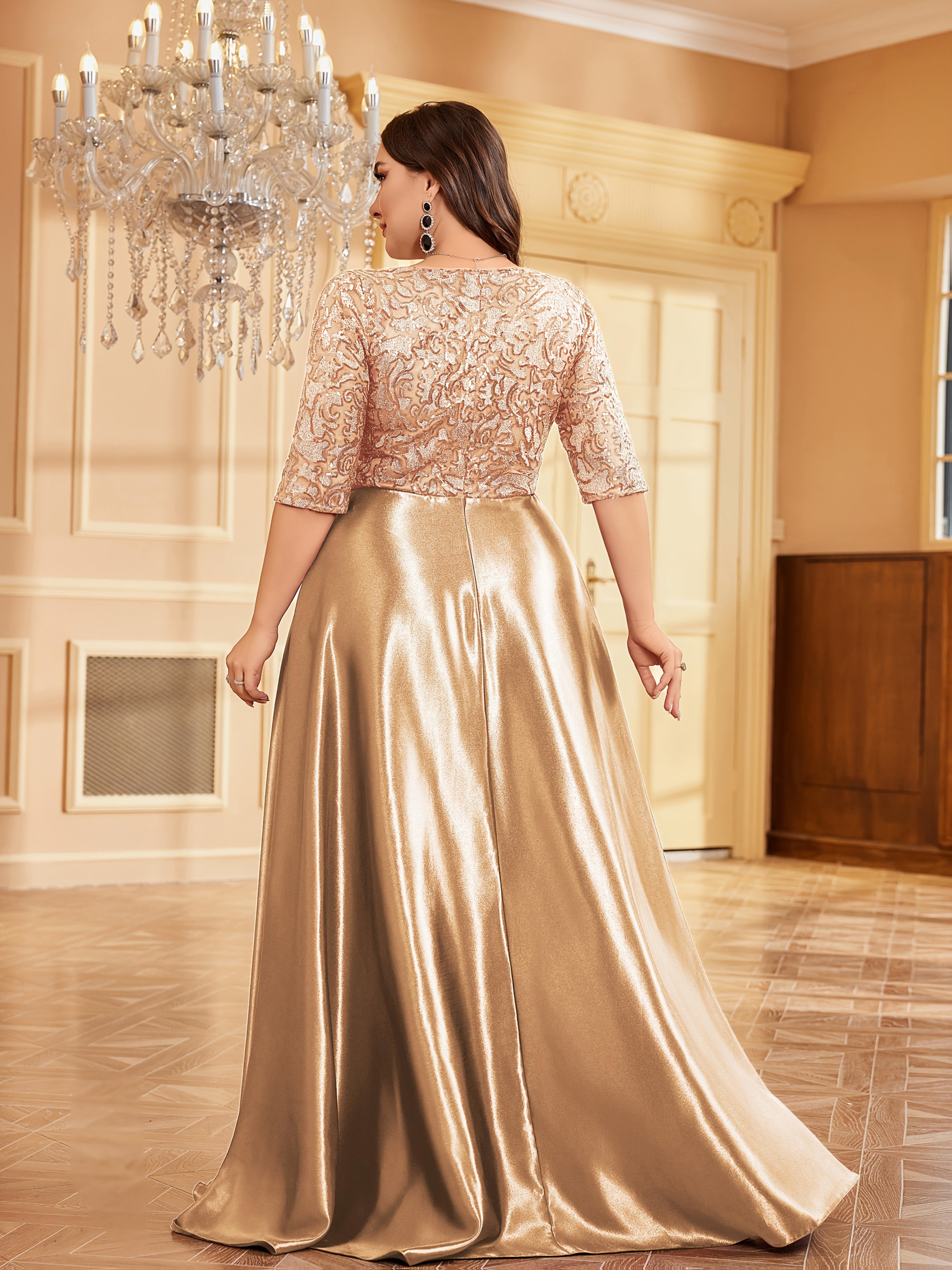 Women Long Dress Solid Color Mid-Sleeve Sequin Party Evening Gown