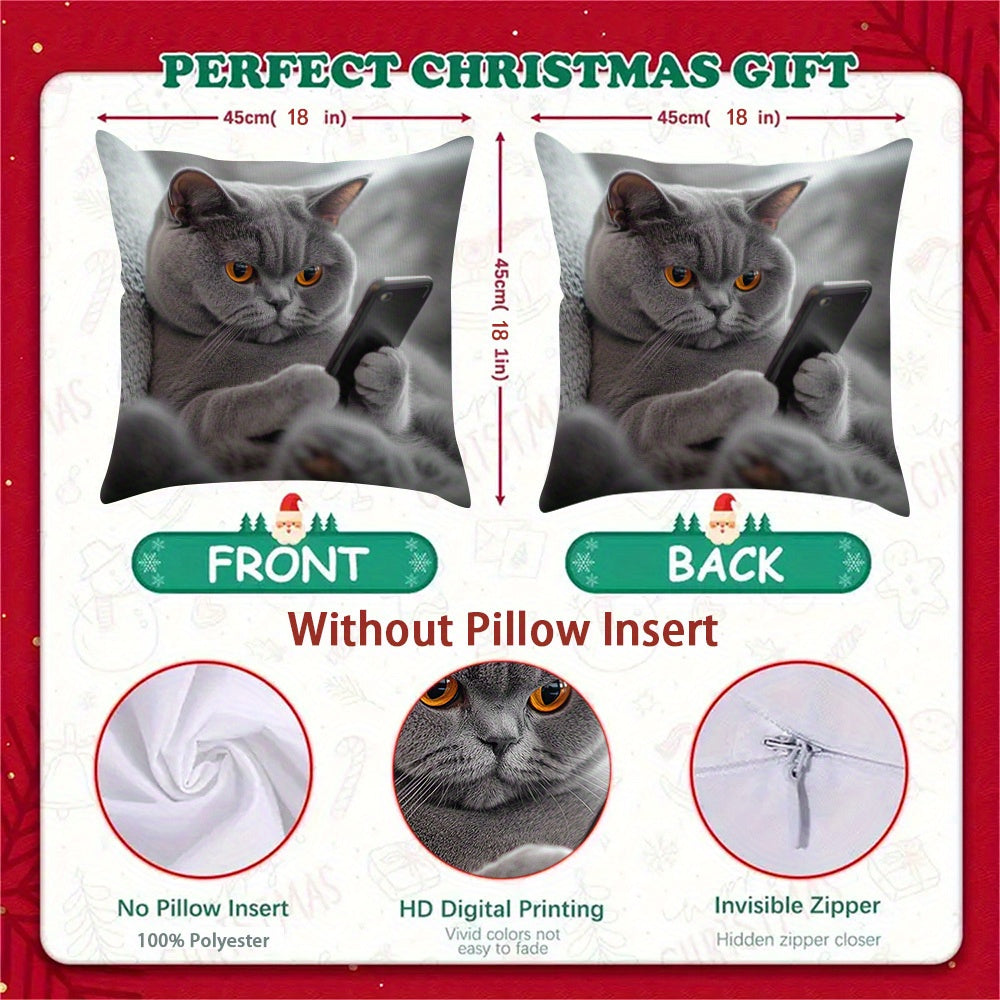 Cat Phone Pillow Cover Double-Sided Woven Polyester Fade-Resistant Decorative Pillowcase 45.72cm