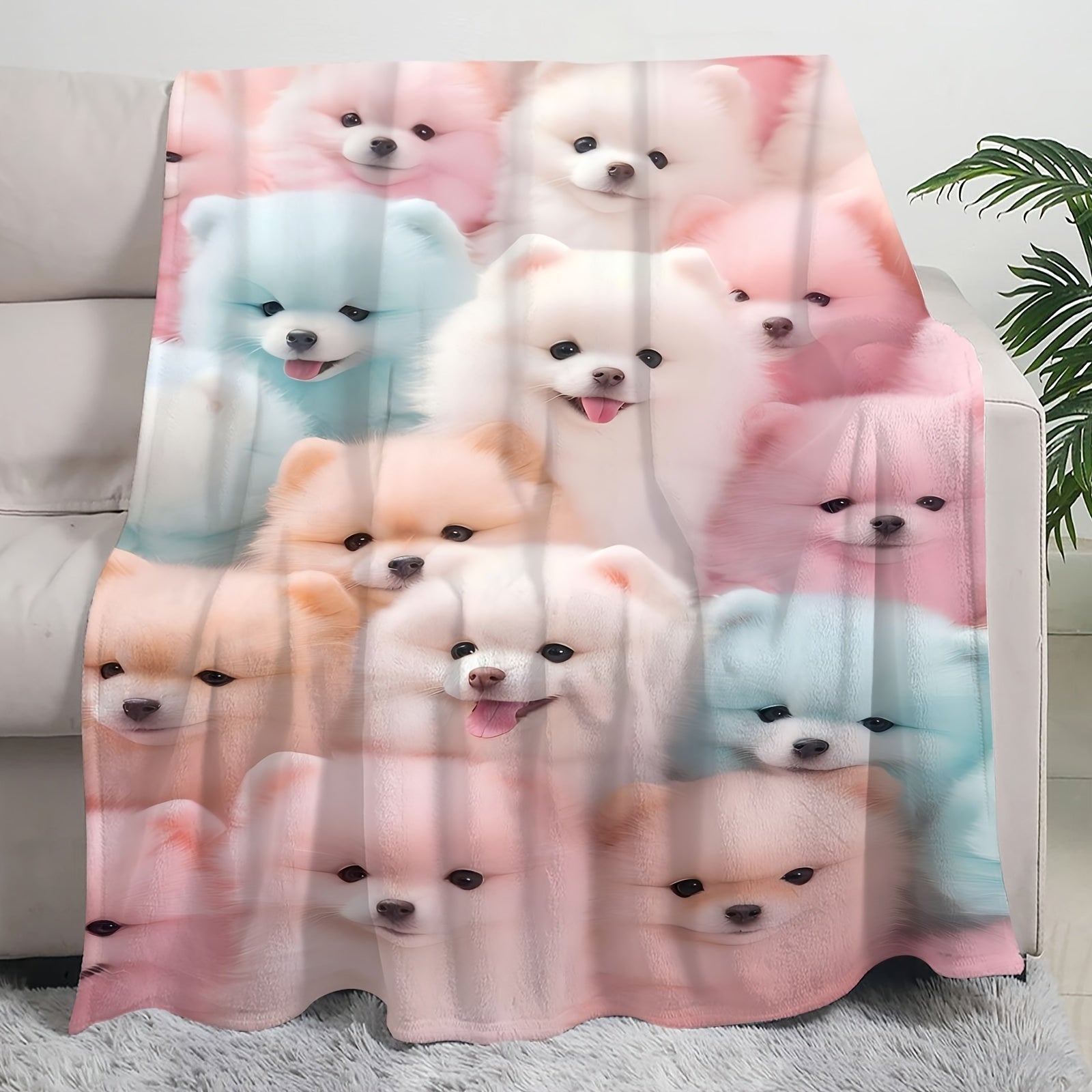 All-Season Flannel Throw Blanket with Pomeranian Dog Pattern Soft Warm Versatile for Sofa Bed Car Office Travel