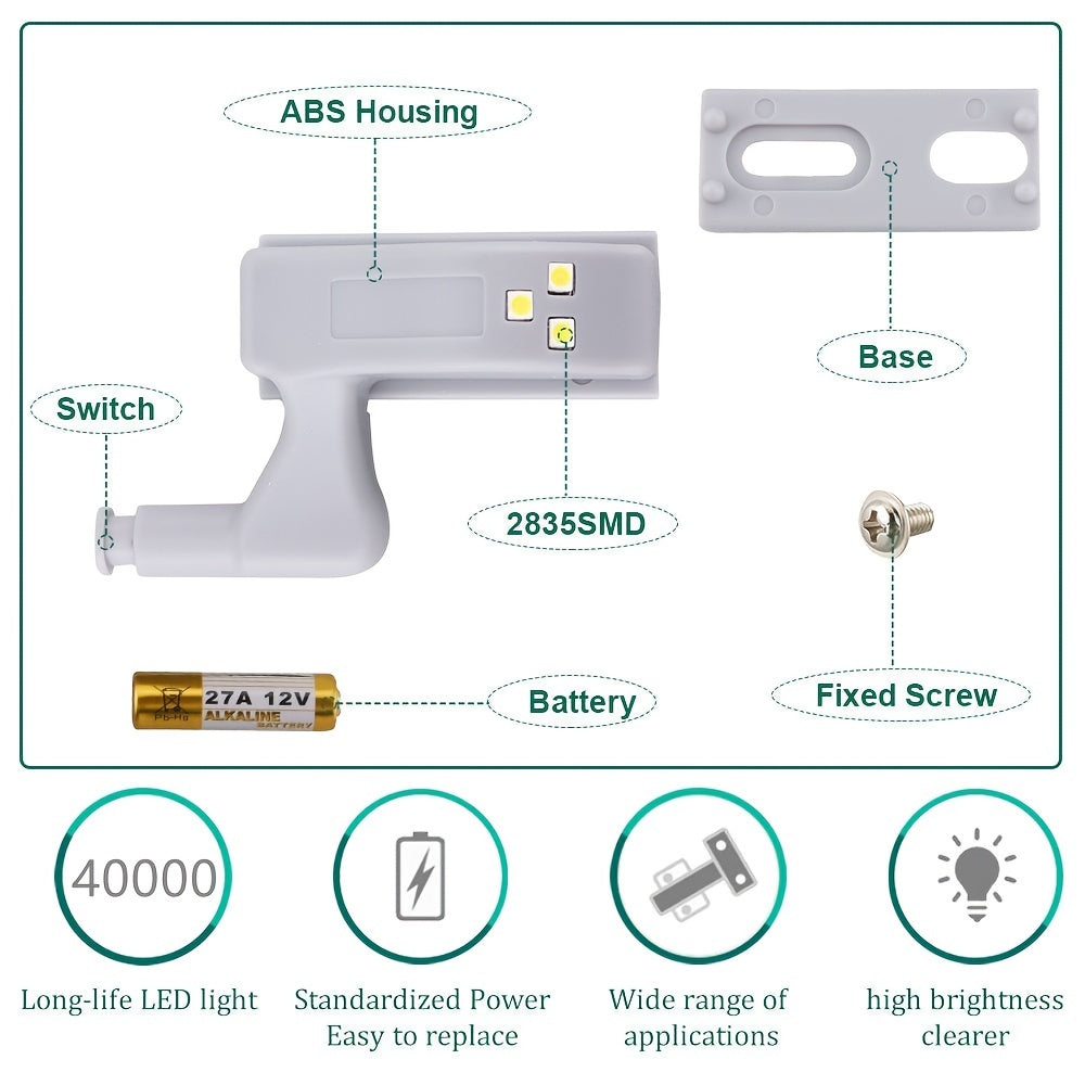 10pcs RGB LED Hinge Lights Touch-Activated Adjustable Height Battery-Powered for Wardrobe Bathroom Storage