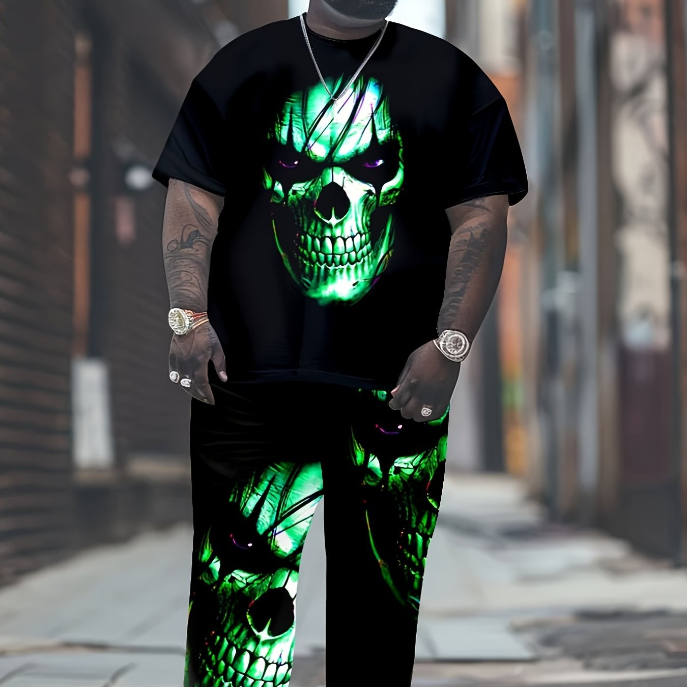 Plus Size Men's Polyester 3D Skull Print Sweatsuit Set with Pockets and Regular Fit