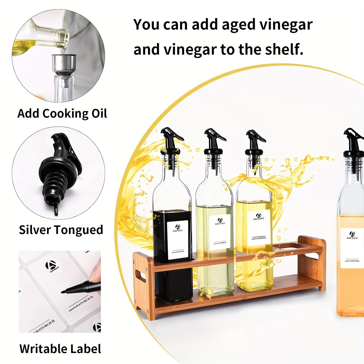 Set of Four 500ml Glass Oil and Vinegar Dispensers with Bamboo Stand