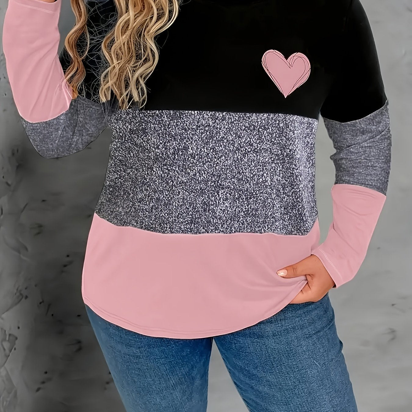 Plus Size Women's Color-Block Long Sleeve Top Polyester Blend Round Neck Casual Wear