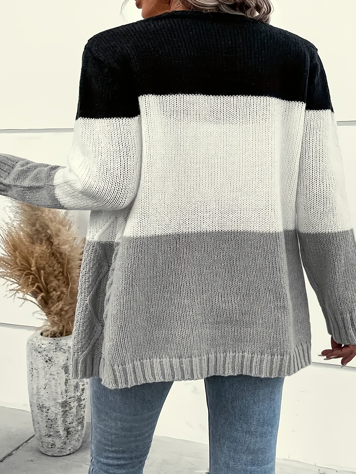 Plus o'lcham ayollar uchun rang-blok kardigan uzun qolli ochiq oldi sviter