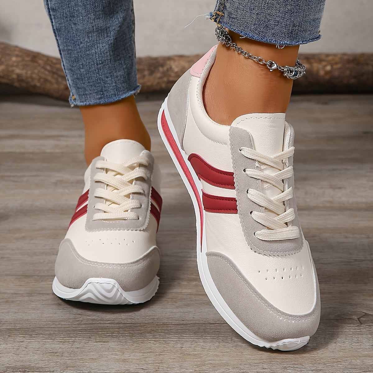 Women's Lightweight Low-Top Sneakers White Navy Red Casual Running Walking