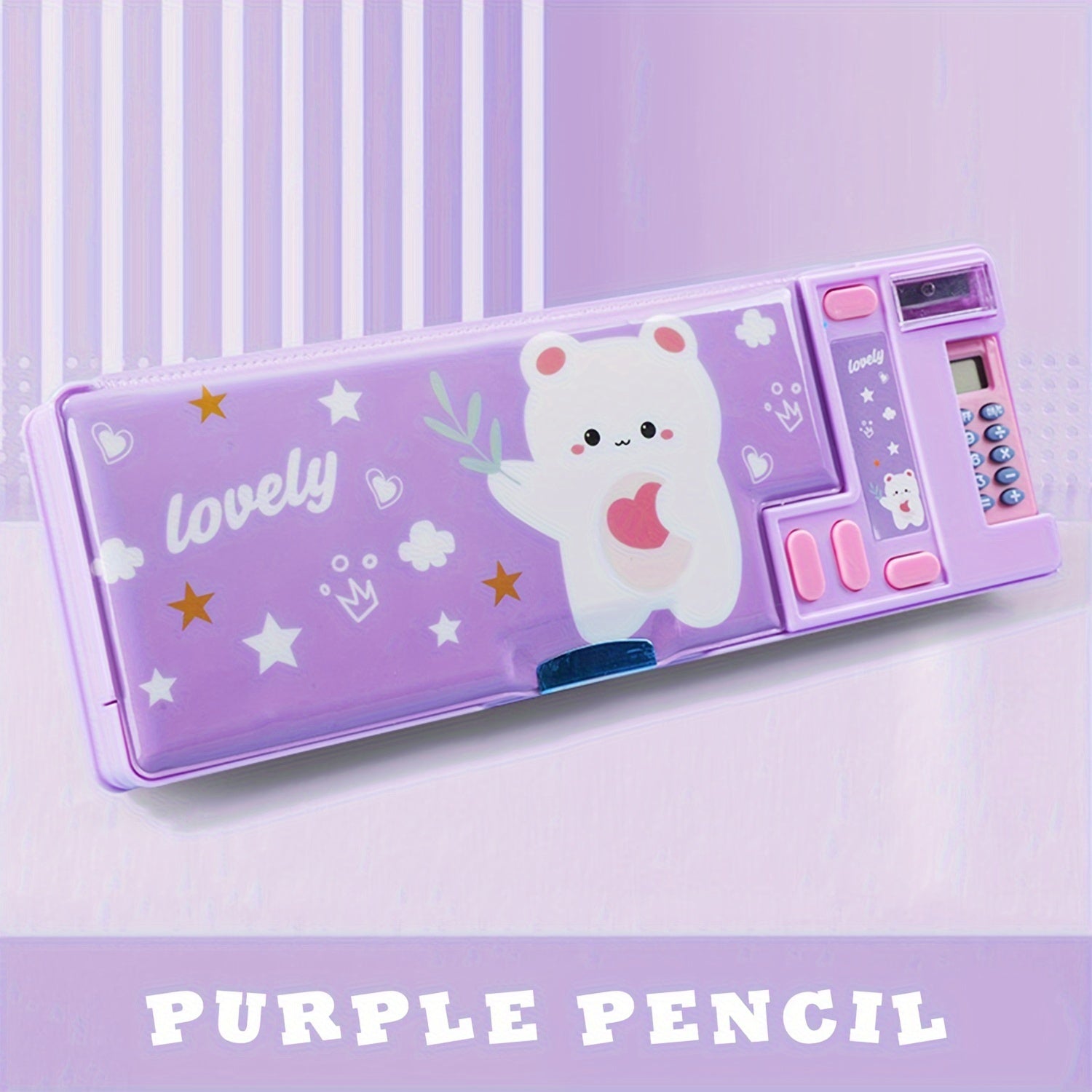 Kids Pencil Case with Calculator and Desk Organizer Pink Purple Design