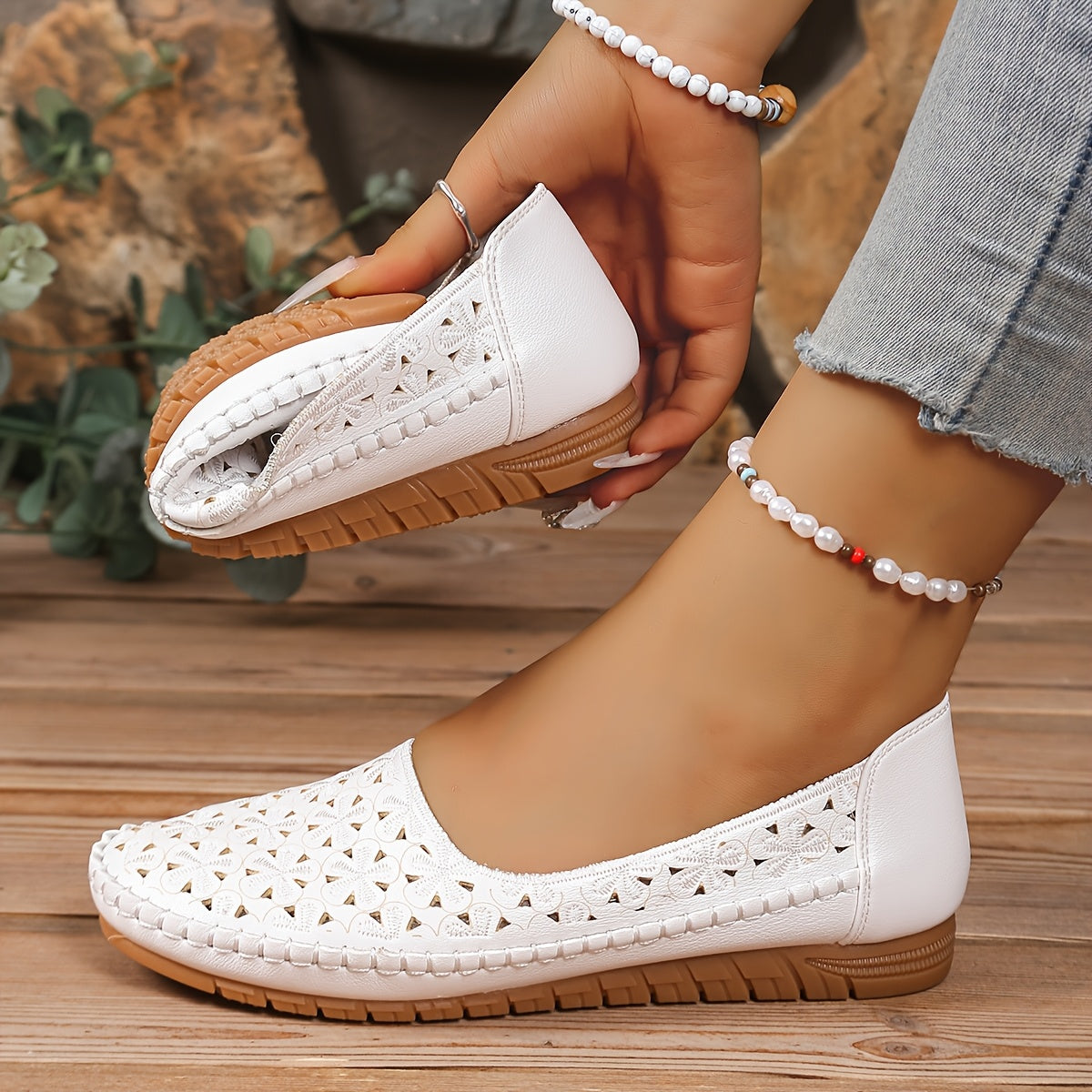 Women's White Cut-Out Slip-On Flats Synthetic Casual Shoes TPR Sole