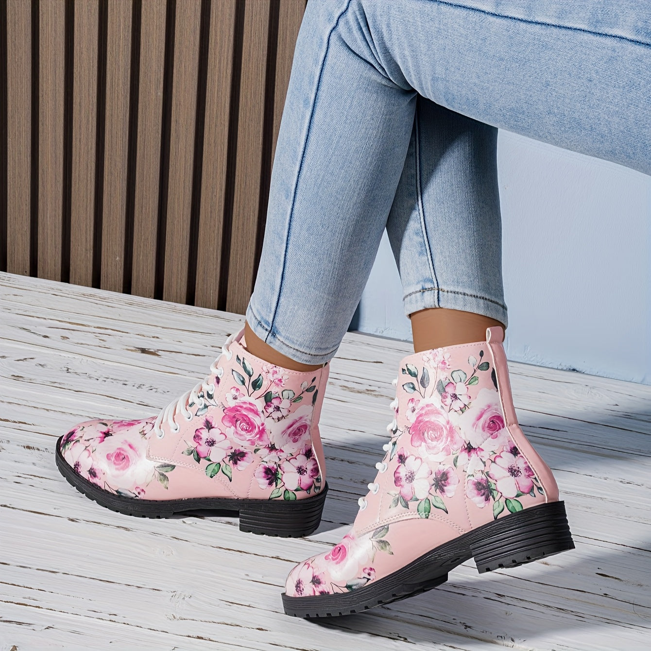 Women's Floral Print Mid-Calf Lace-Up Boots with Open Toe and Wide Width