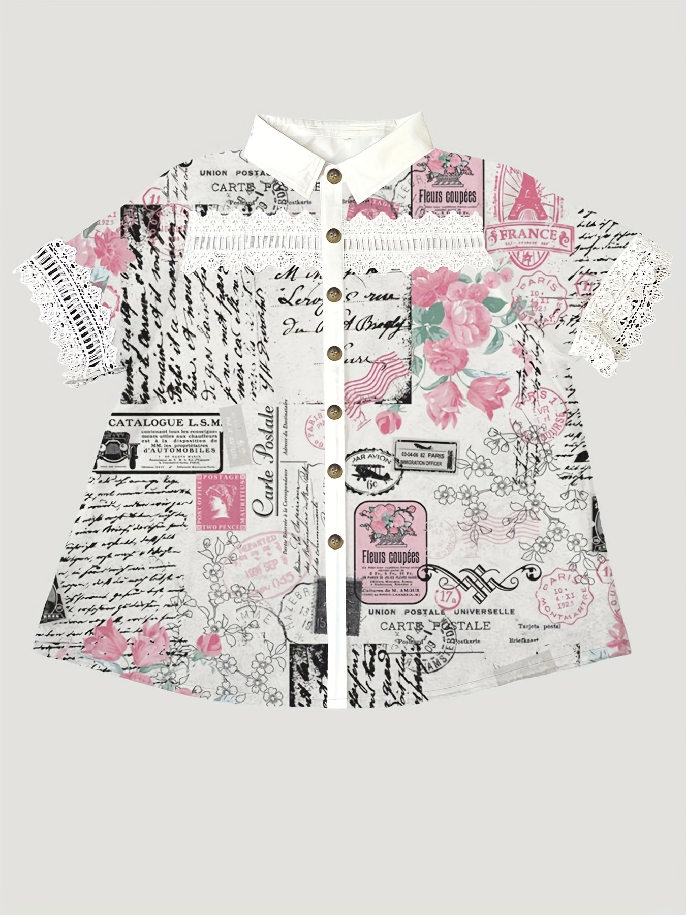 Women's Short Sleeve Shirt Digital Print Lace Patchwork Spring Summer 2025