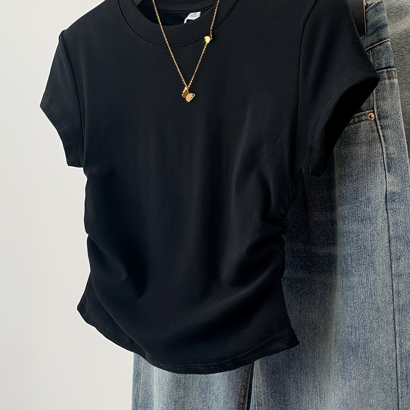 Women's Cotton Y2K Style T-Shirt Crew Neck Short Sleeve Solid Color with Frill Detail