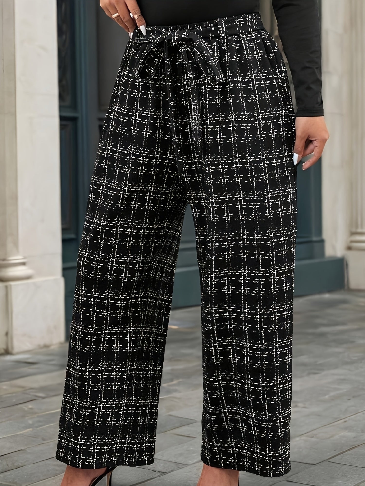 Women's Plus-Size High-Waisted Plaid Casual Wide-Leg Pants