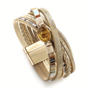 Vintage Bohemian Crystal Beaded Bracelet with Faux Leather Wrap and Magnetic Clasp