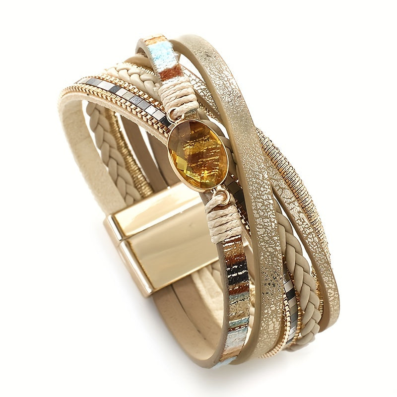 Vintage Bohemian Crystal Beaded Bracelet with Faux Leather Wrap and Magnetic Clasp