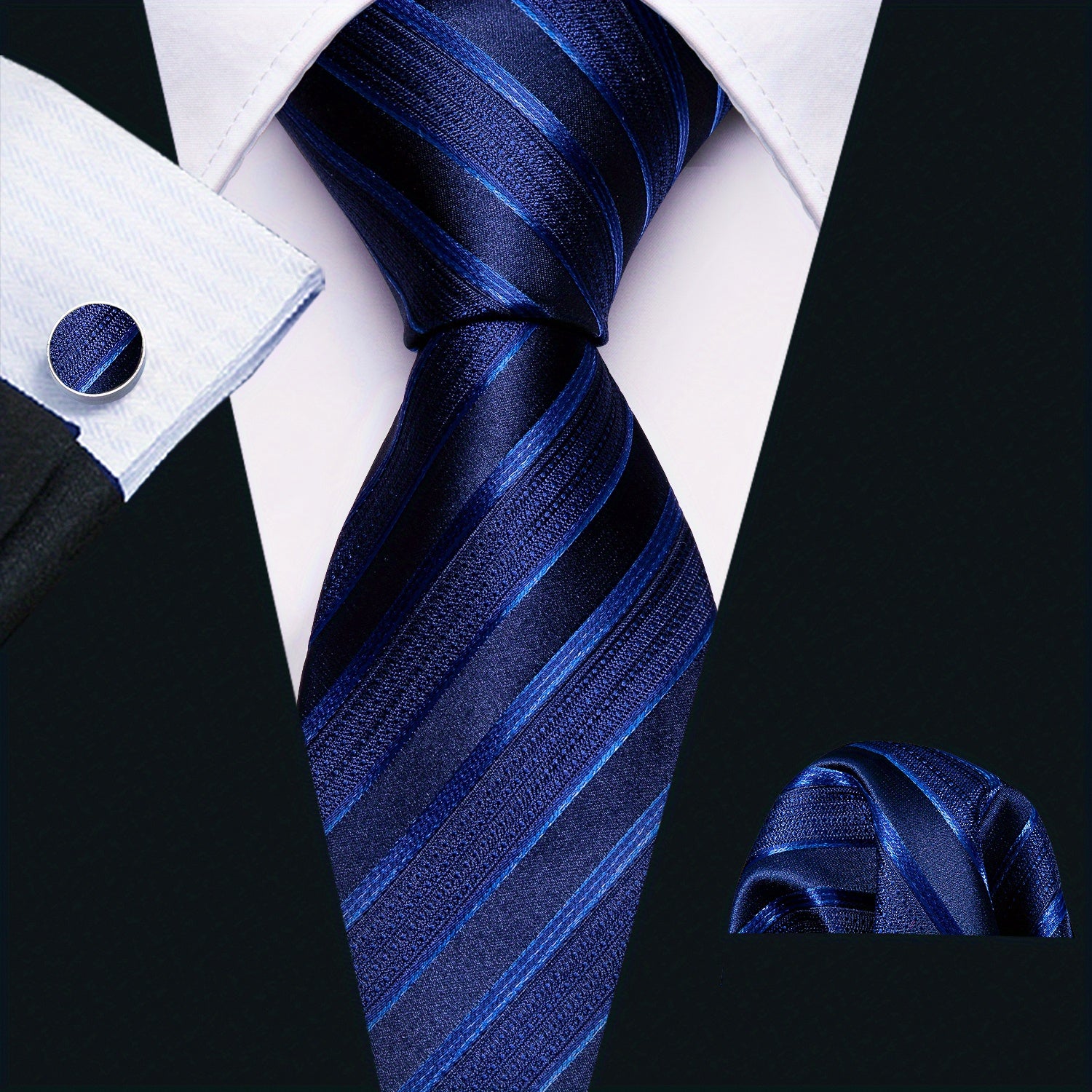 Men's Classic Striped Tie Set with Matching Handkerchief and Cufflinks for Formal and Casual Wear