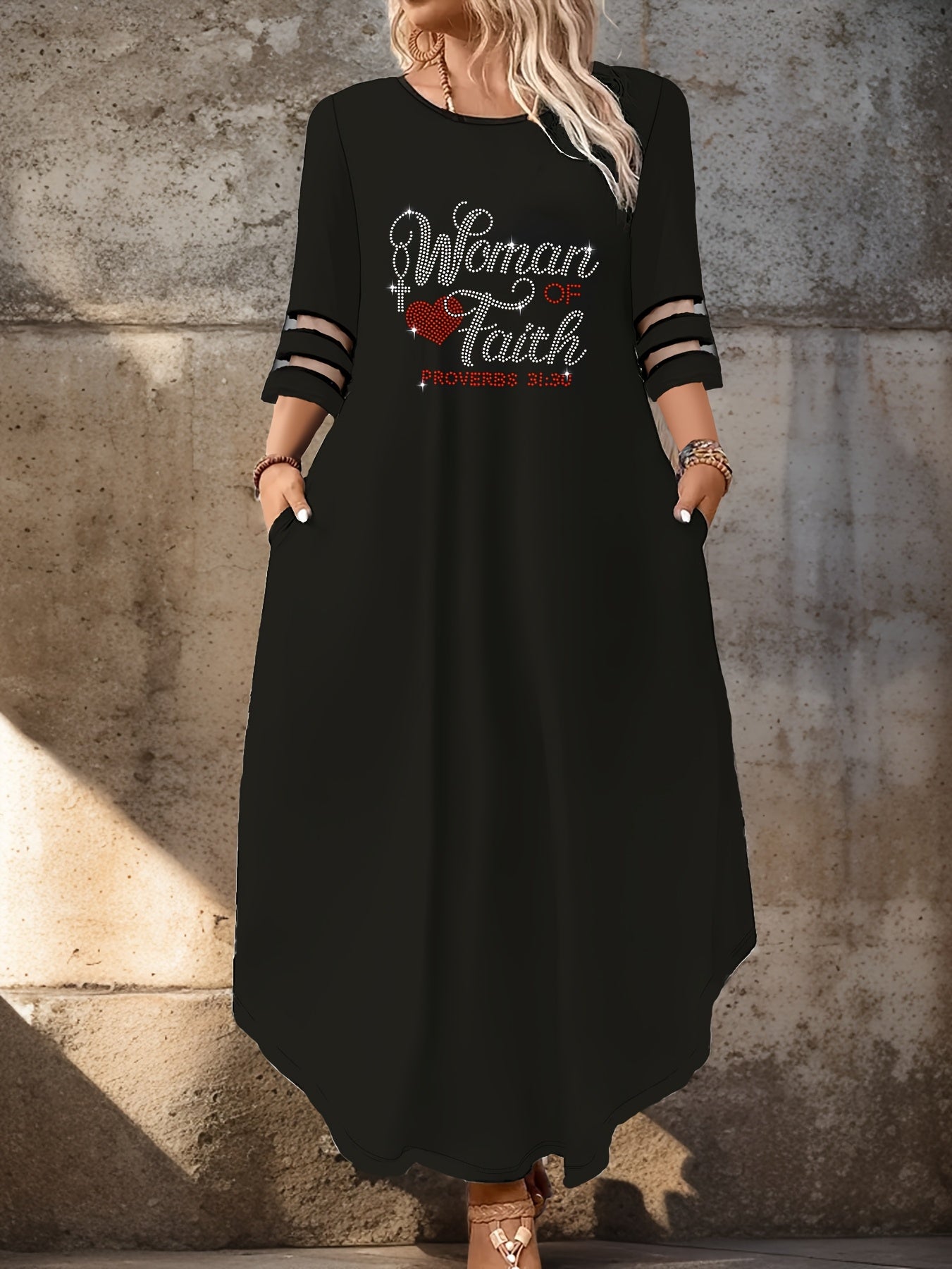 Women's Midi Dress with Rhinestone Slogan and Mesh Detail Polyester Blend Elegant Fitted Round Neck