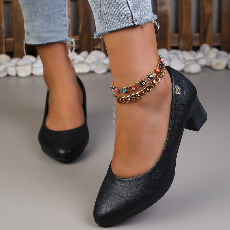 Women's Black Formal High Heels with Chunky Block Heel and Non-Slip Sole