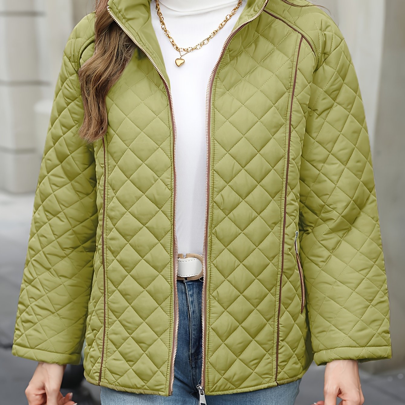 Women's Plus Size Quilted Outerwear with Stand Collar Zipper Long Sleeve Fall Winter