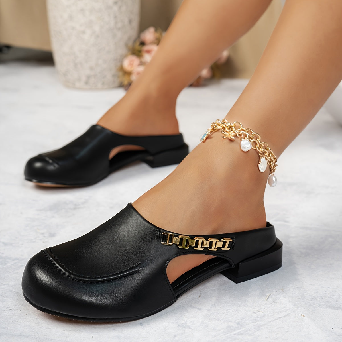 Women's Slip-On Mary Jane Sandals Closed Toe Low Heel Metallic Accents