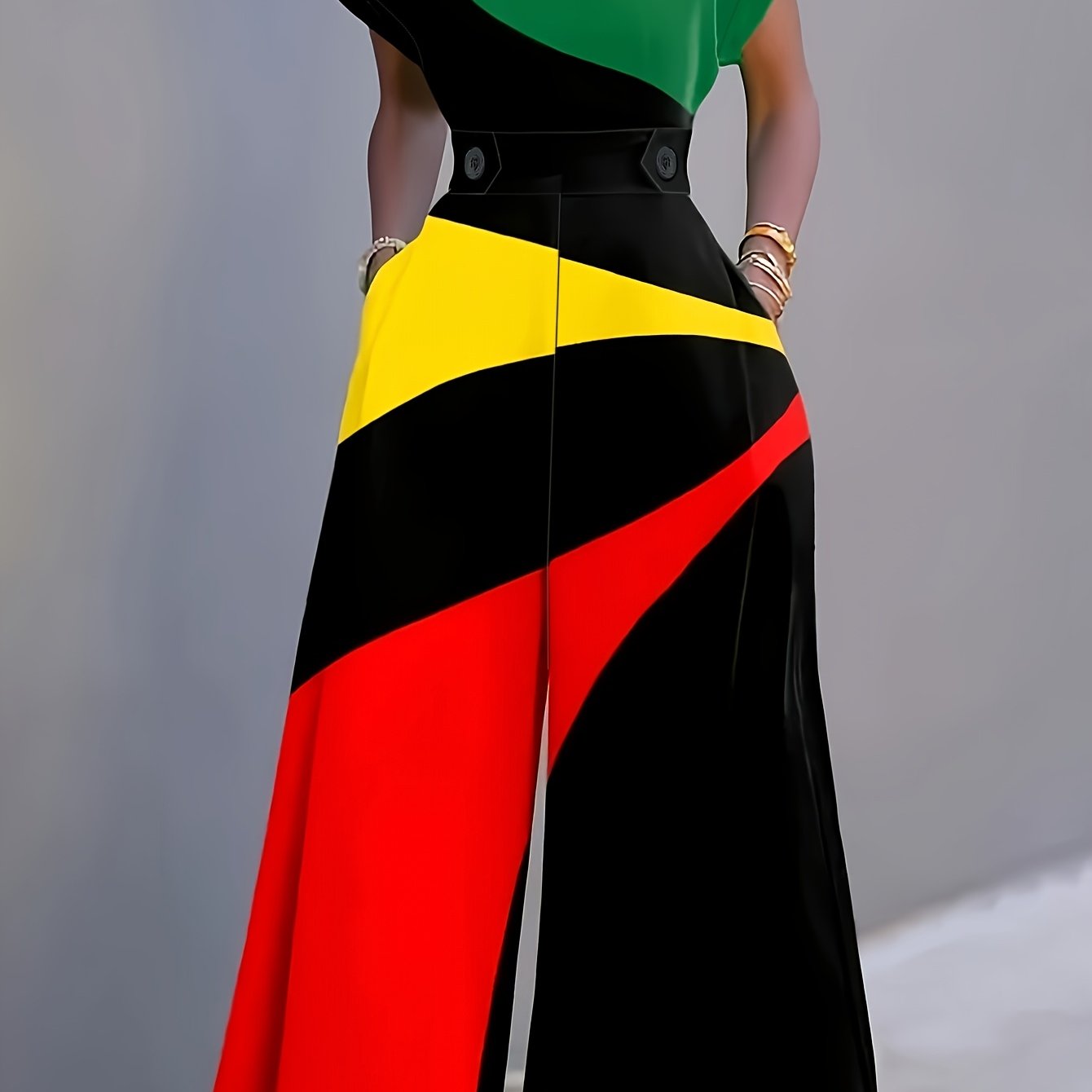 Women's Color-Block V-Neck Short Sleeve Jumpsuit Wide Leg Casual