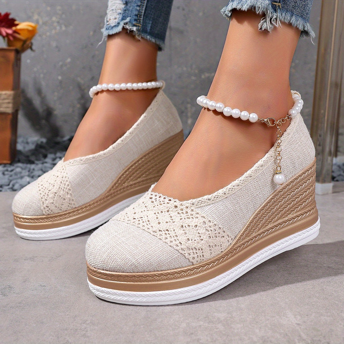Women's Beige Espadrille Wedge Loafers Slip-On Shoes with Thick Sole