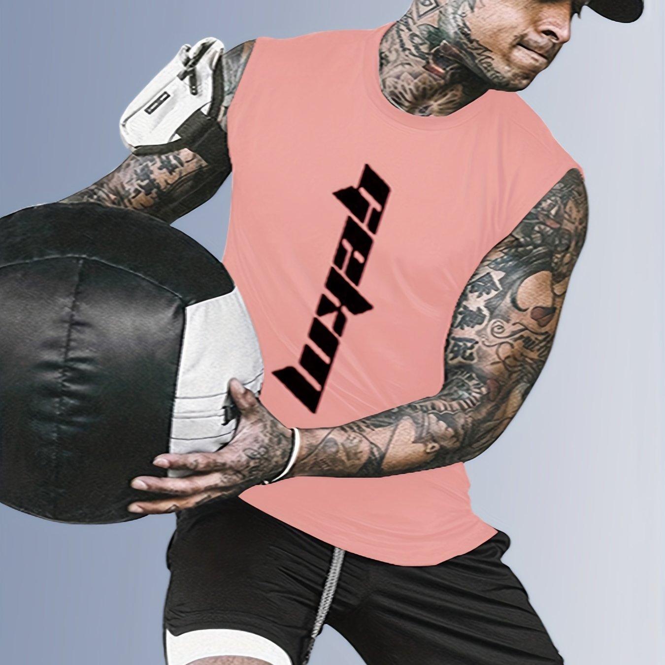 Conjunto de moda para hombre en poliéster con camiseta sin mangas con estampado de letras y pantalones cortos con cordón