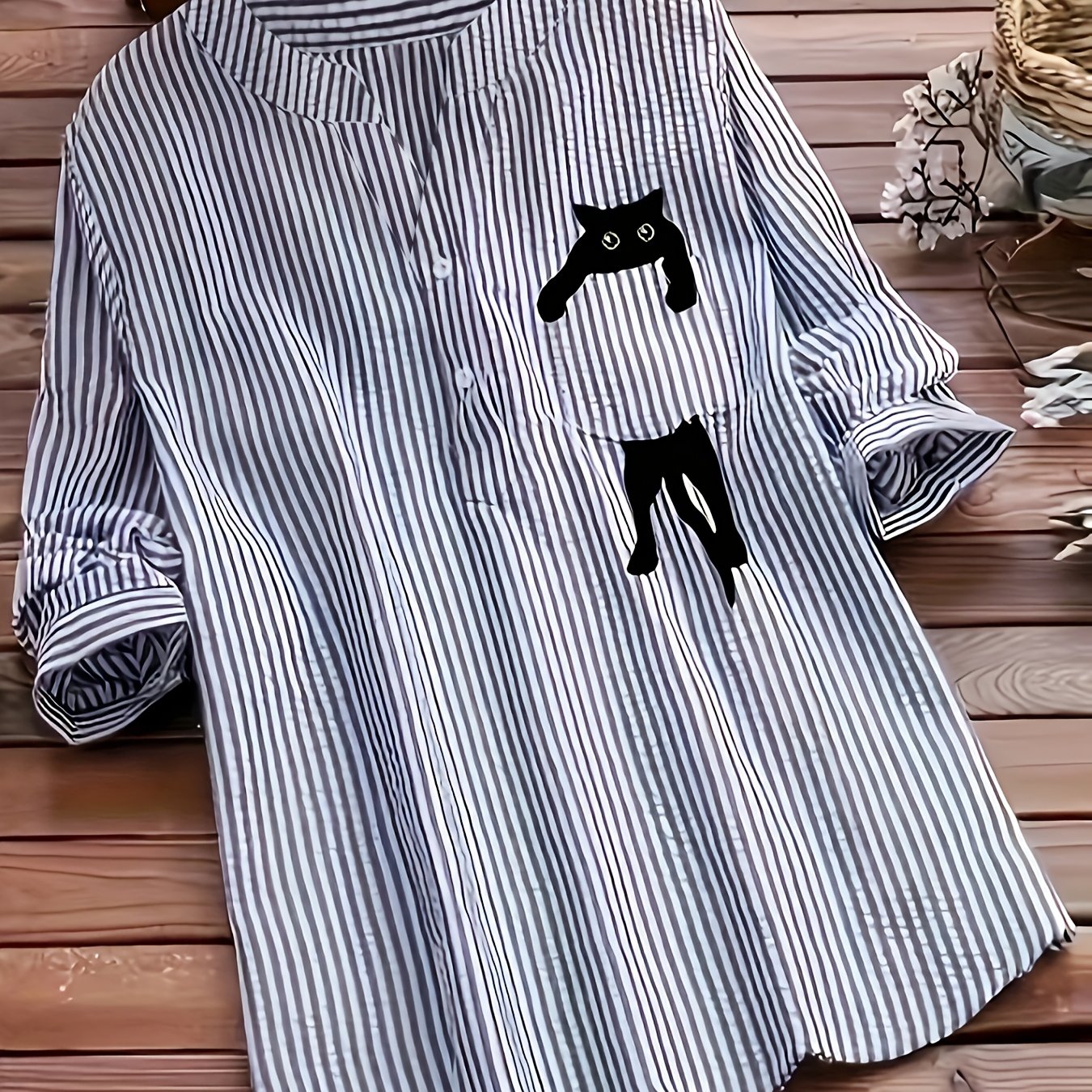 Plus Size Women's Casual Shirt with Cat and Bow Pocket Long Sleeve Striped Pullover