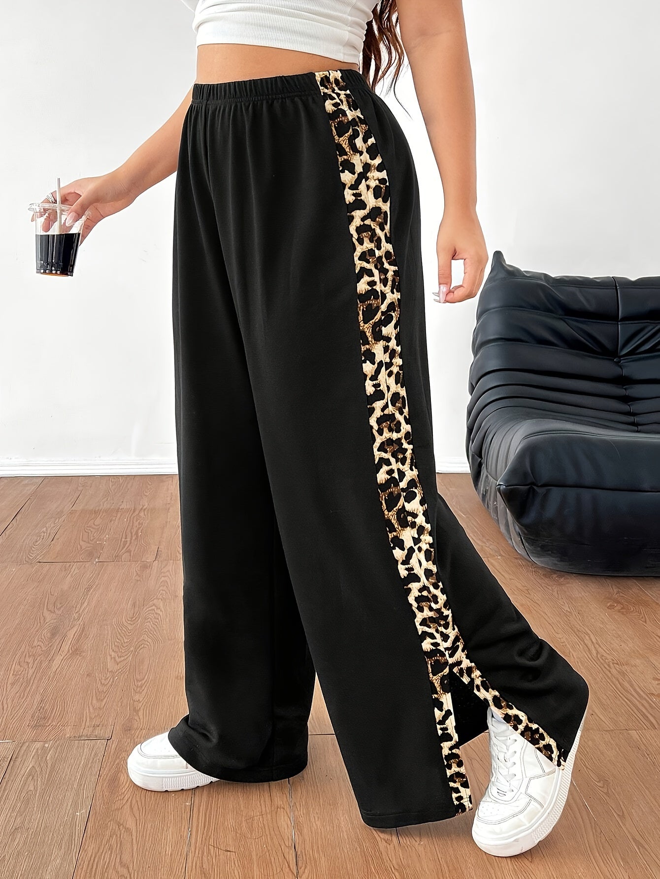 Plus Size Leopard Print Wide-Leg Pants High Waist Polyester