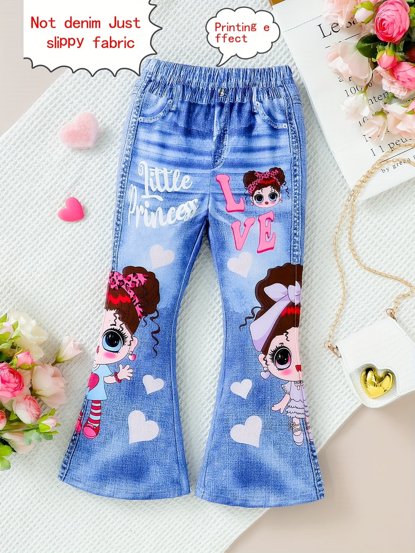 Girls Flare Pants with Cartoon Girl Graphic Imitation Denim Print for Party Gift