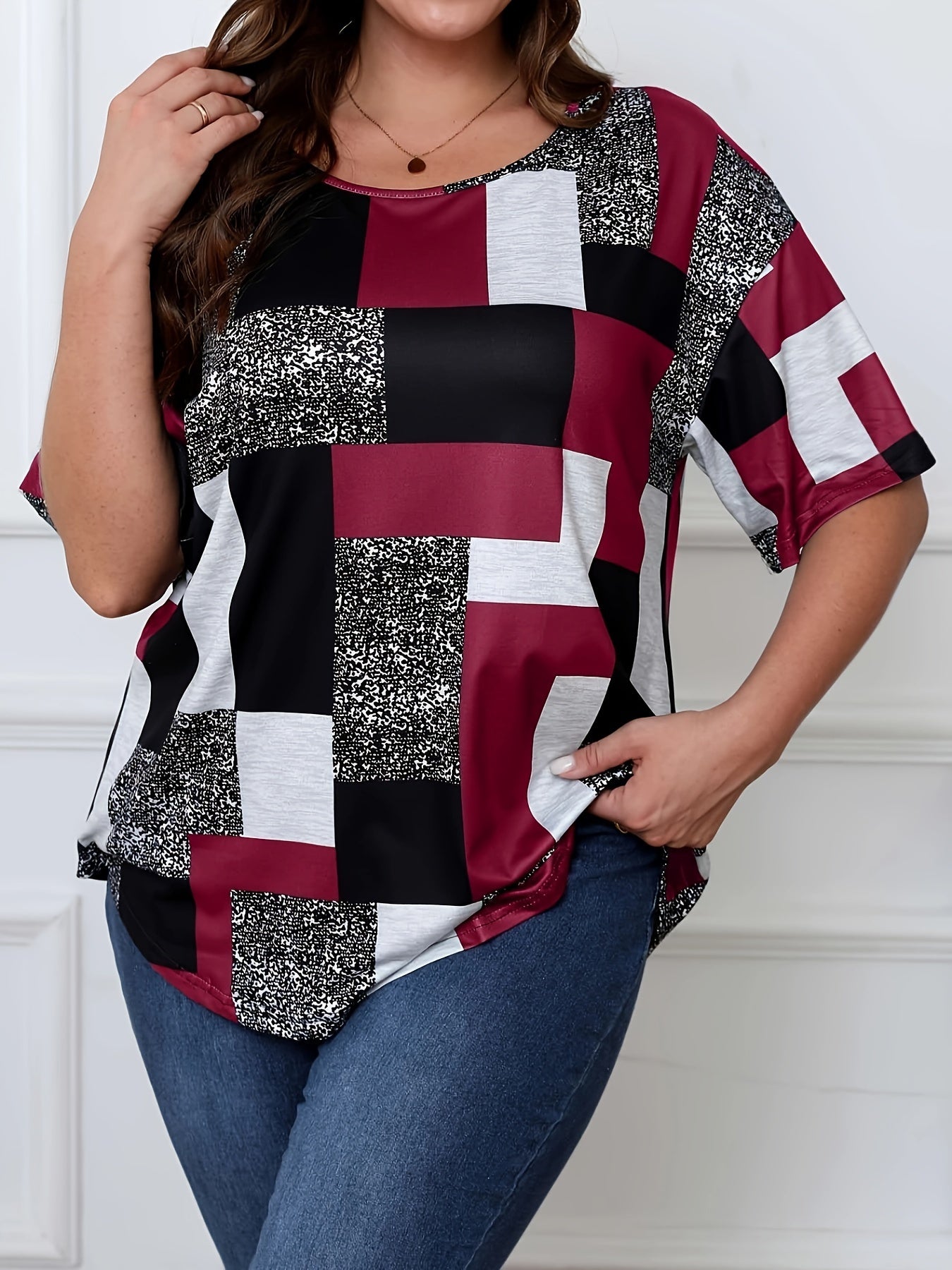 Plus Size Patchwork Print T-Shirt for Women Spring Summer Casual Plaid Crew Neck