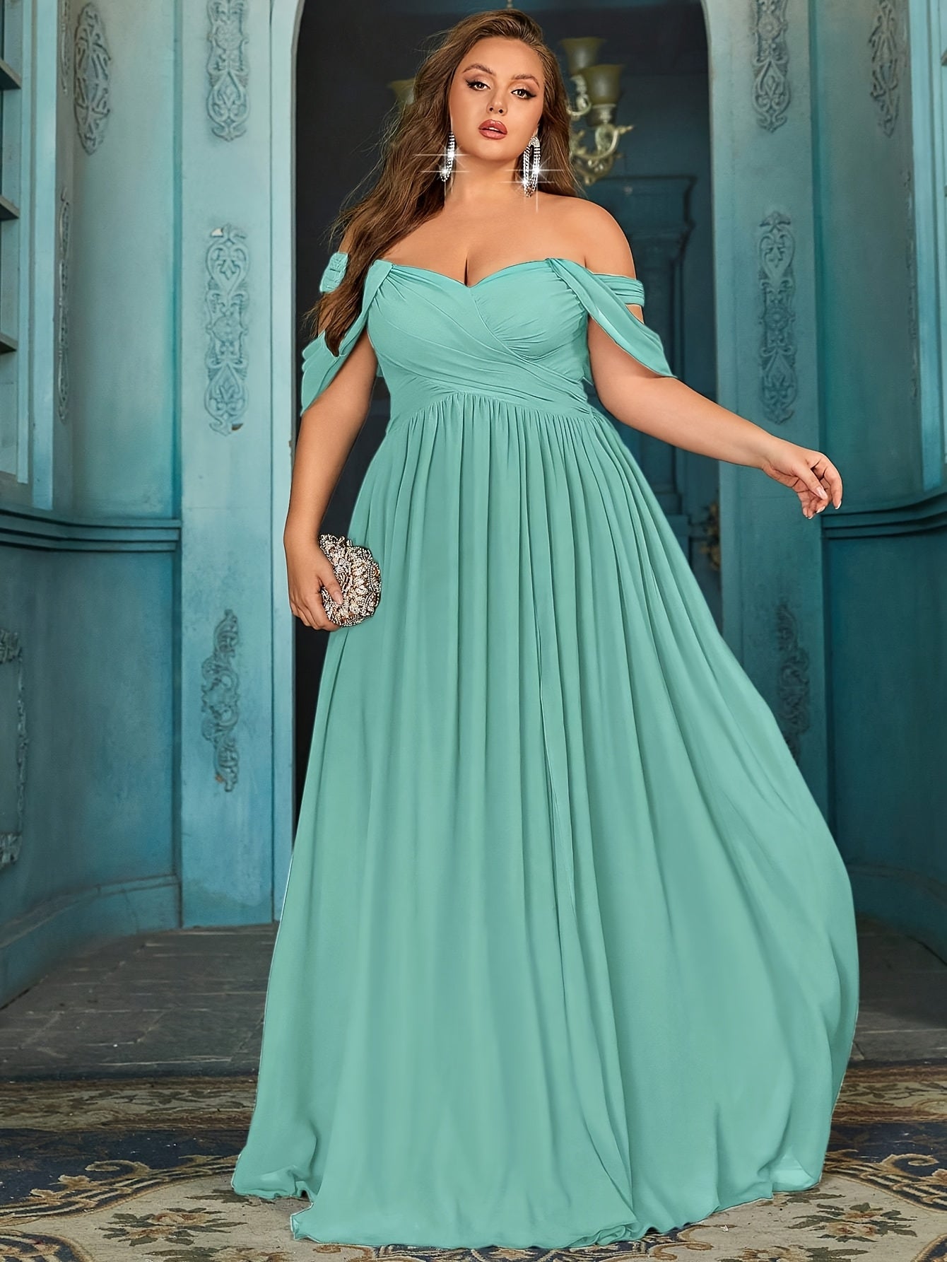 Plus Size Teal Maxi Dress Women Off-Shoulder Ruched A-Line Evening