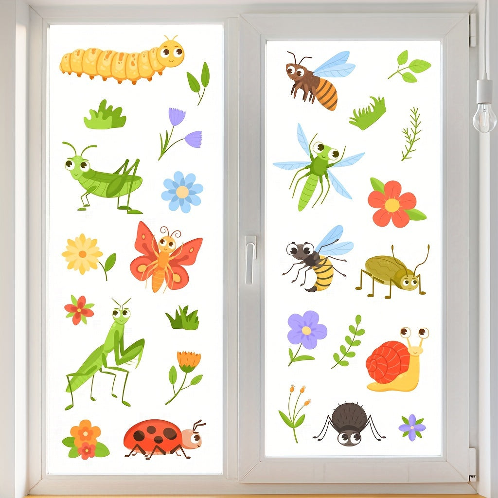 Two Static Electricity Glass Stickers Insect and Flower Decor 29.97cm x 20.07cm