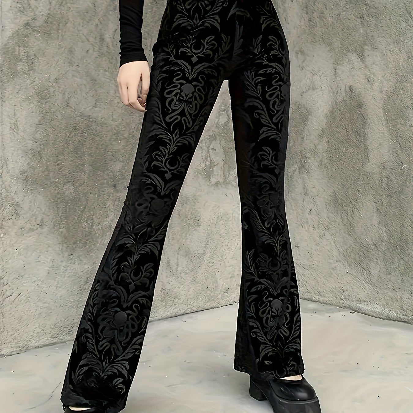 Women's Black Velvet Flare Leg Pants High-Waisted Floral Pattern
