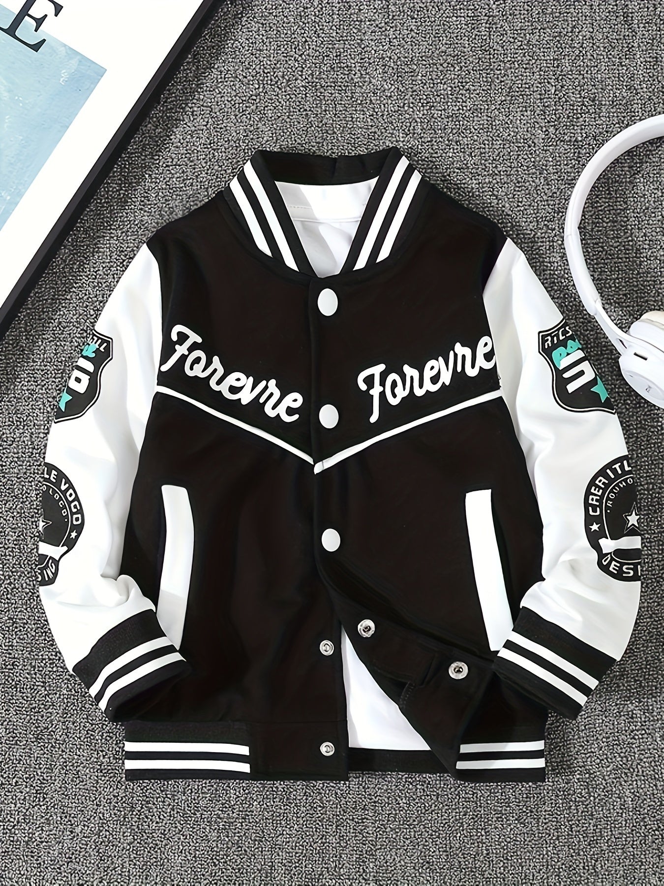 Boys Long Sleeve Varsity Baseball Jacket with Letter Graphic and Color Block Design