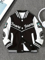 Boys Long Sleeve Varsity Baseball Jacket with Letter Graphic and Color Block Design