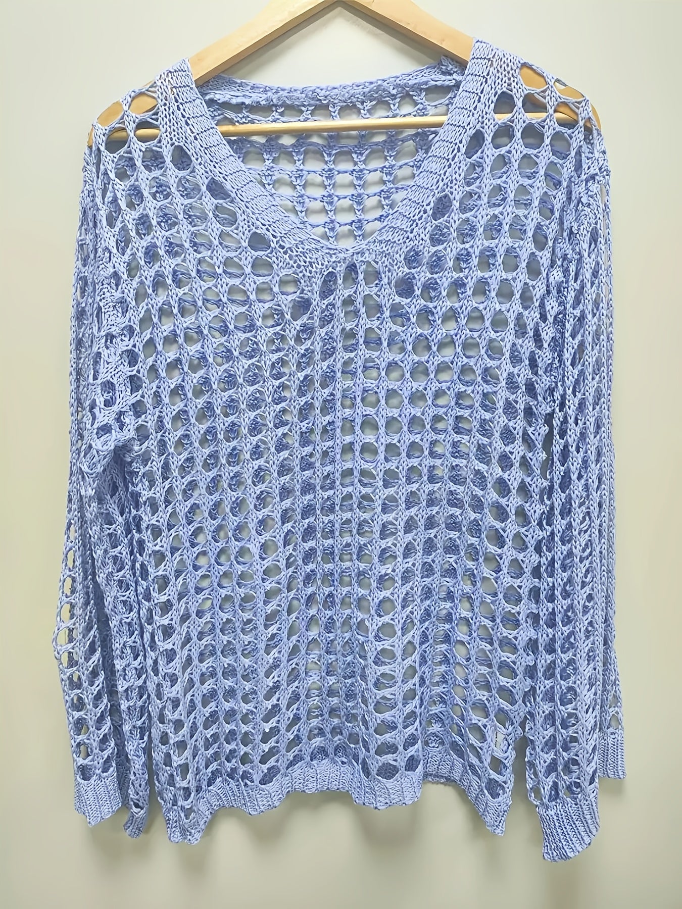 Plus Size Women's Blue Lace V-Neck Sweater Openwork Lightweight Summer Resort Wear