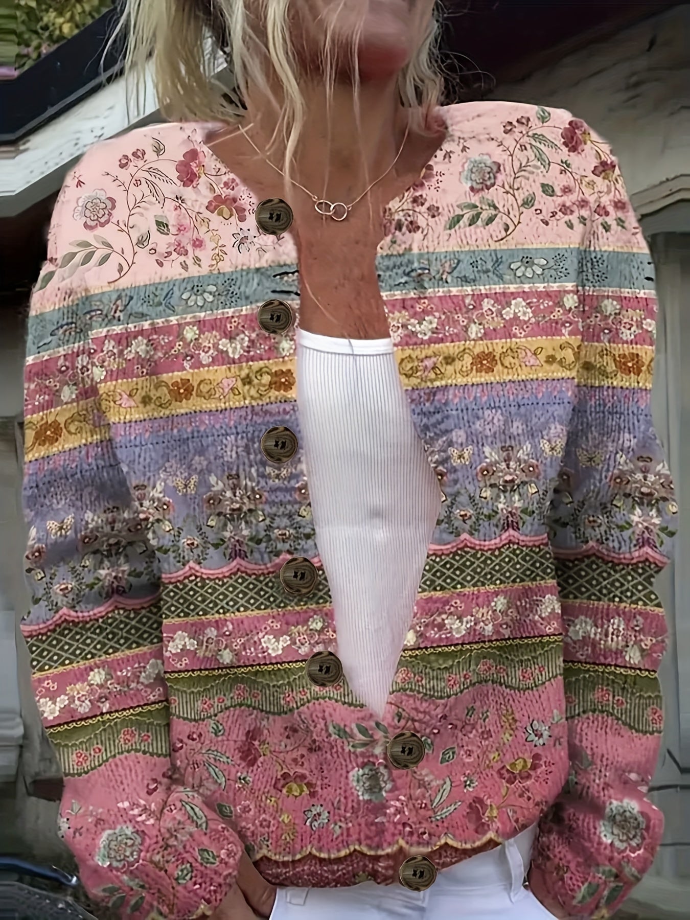 Plus Size Women's Floral Print Cardigan Lightweight Long Sleeve Sweater for Spring and Fall