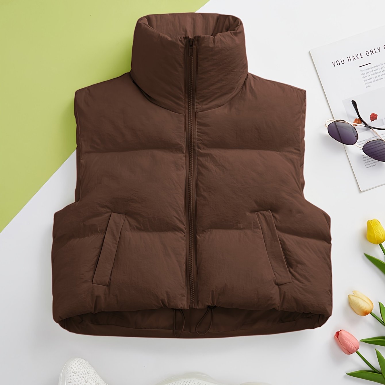 Women's Puffer Vest Fall Winter Sleeveless Zip-Up Casual Solid Polyester High Neck Padded Coat
