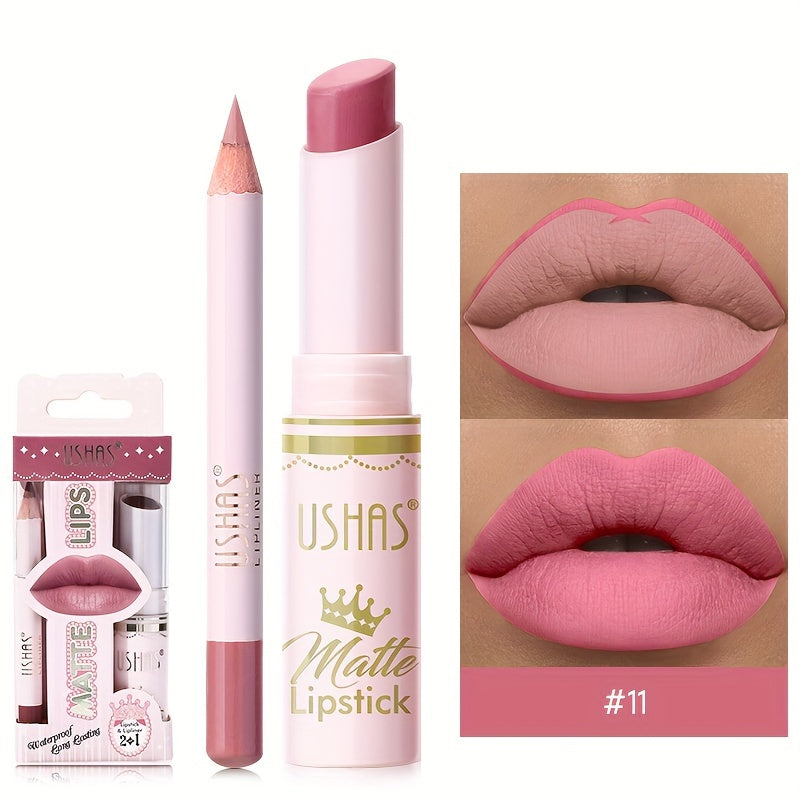 Set de lápiz labial mate y perfilador de labios para mujer, a prueba de agua, tono nude, con alto pigmento