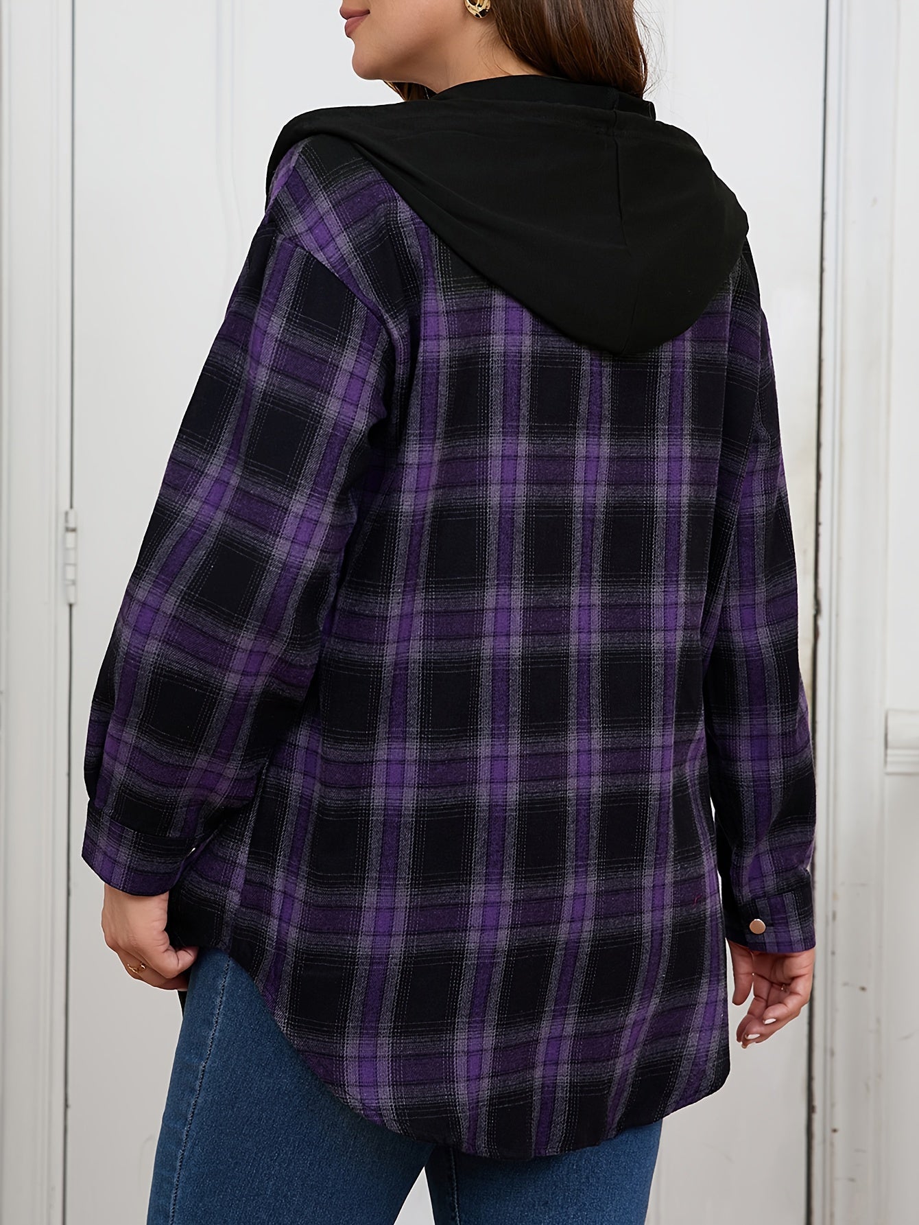 Plus Size Womens Casual Plaid Hooded Shirt Long Sleeve Button Top