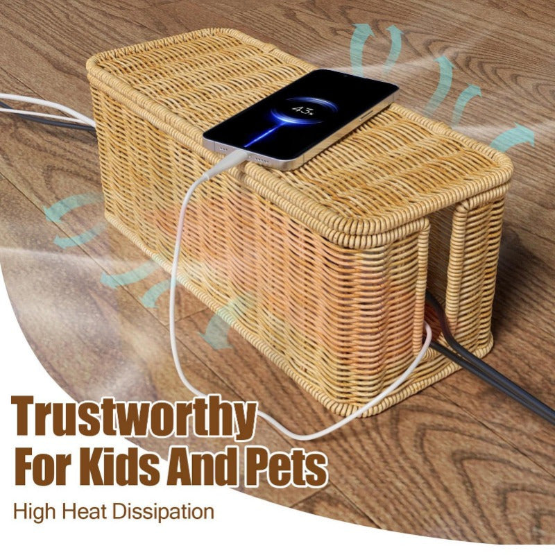 Hand-Woven Imitation Rattan Cable Management Box with Cover for Desk Organizer