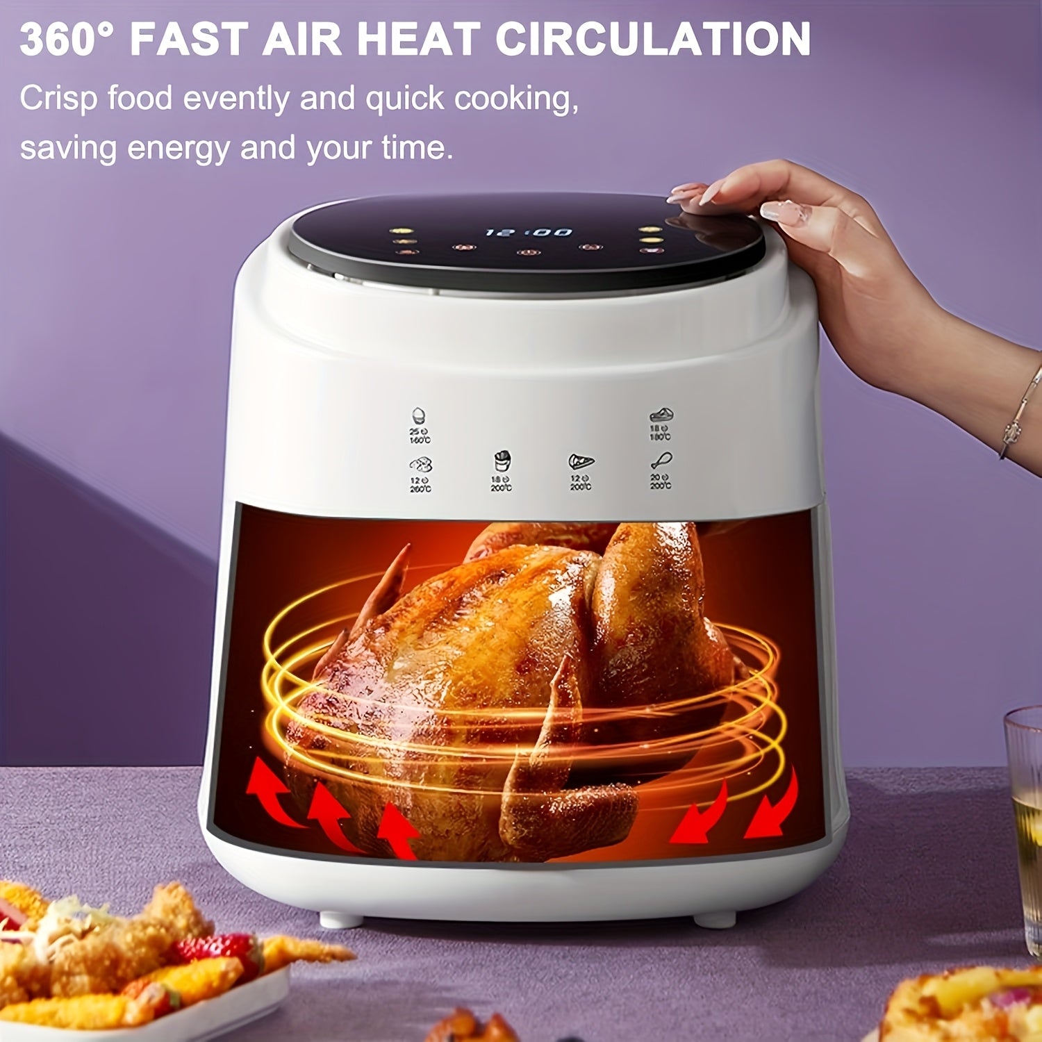 8-in-1 Havo Fritüri 8L hajmli raqamli sensorli ekran Turbo rejimi yopishqoq bo'lmagan savat