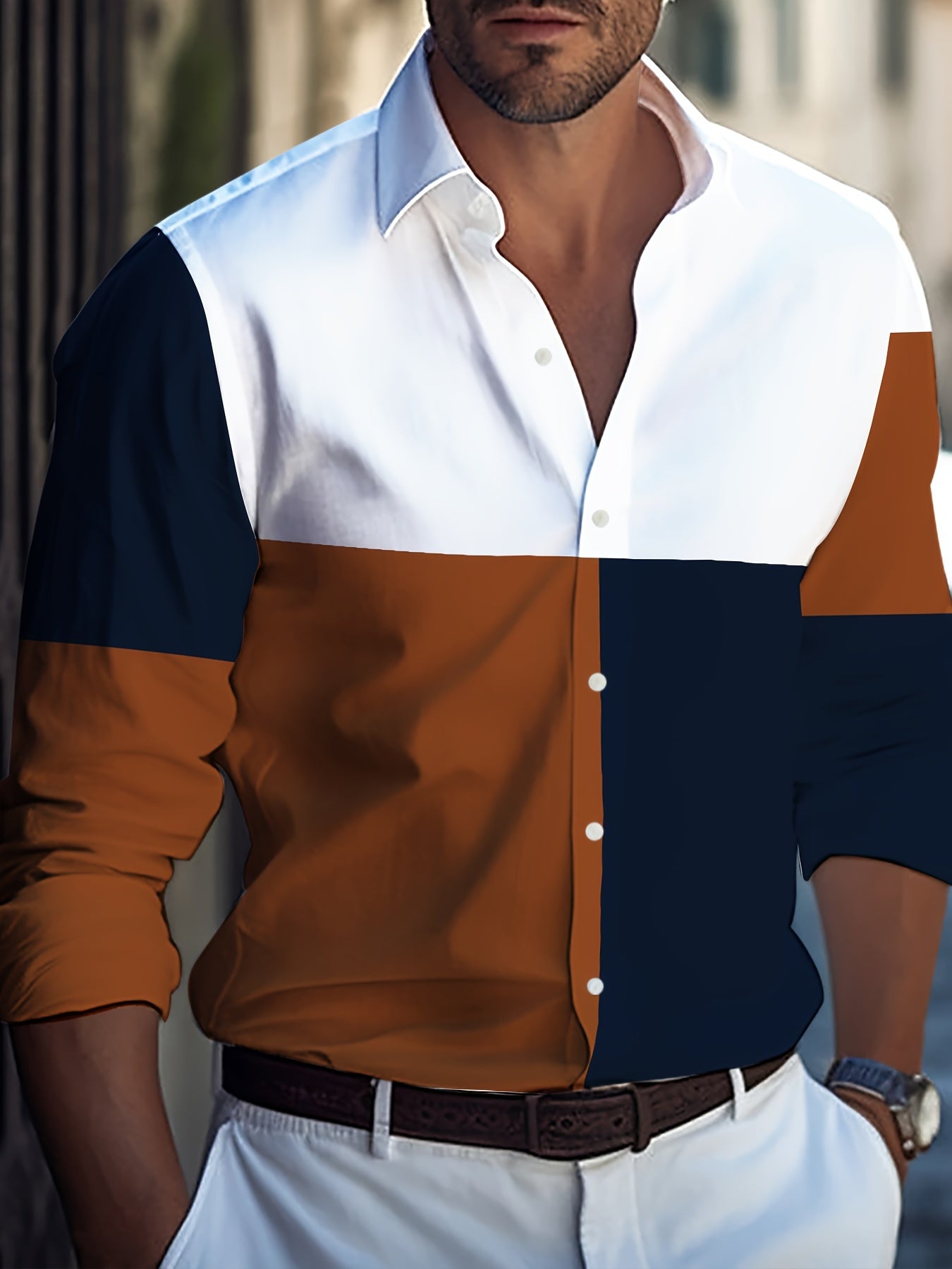 Erkaklar uchun plussiz rang-blokli uzun yengli ko'ylak, lapel yeng bilan, bahor yoki kuzda tasodifiy kiyim uchun mukammal.