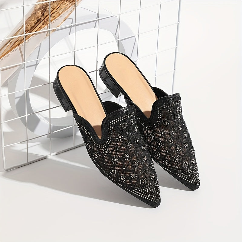 Women's Metallic Rhinestone Pointed Toe Chunky Heel Mules Shoes