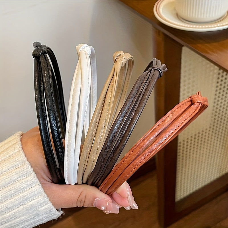 Women's PU Leather Hairbands Set of 5 Wide Side Headbands with Cross Knot Design