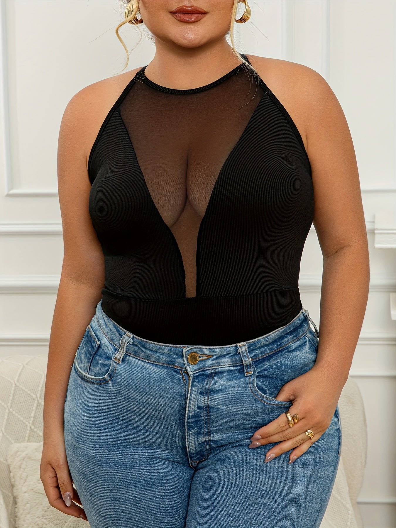 Plus Size Women’s Mesh Panel Cross-Strap Beach Swimsuit Jumpsuit