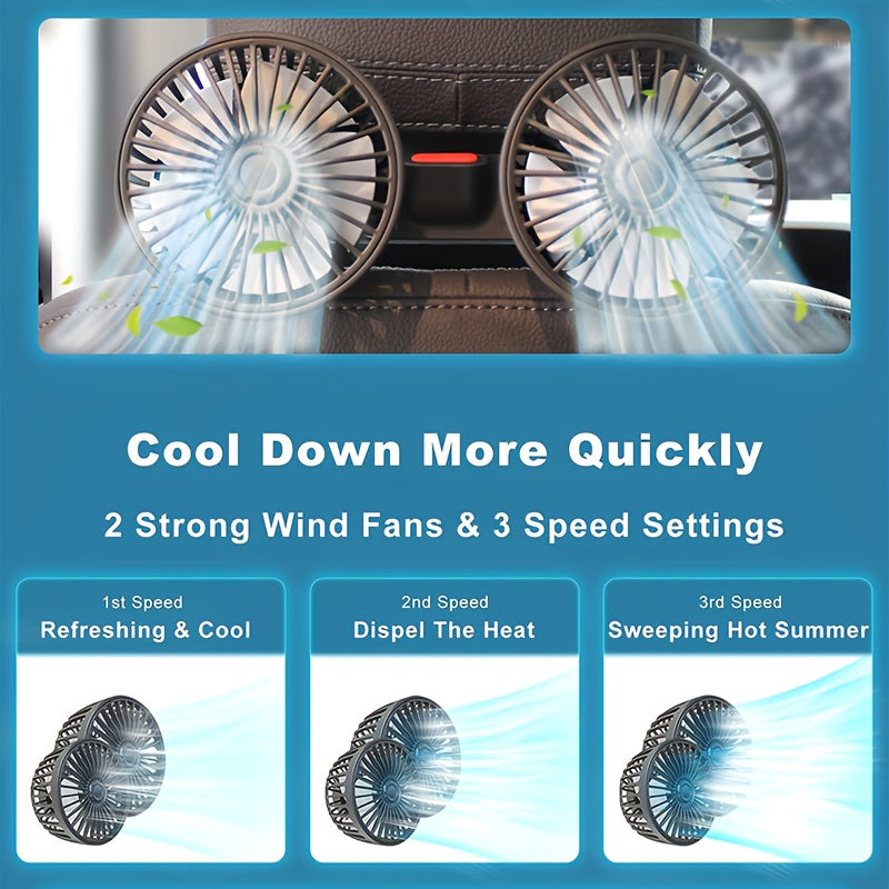 Compact Car Fan Dual-Head Rear Seat Air Cooler 5 Blades 360° Rotation