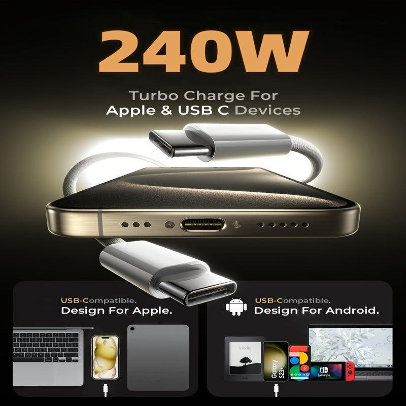 240W USB-C Charging Cable Nylon Tinned Copper Fast Data Transfer Compatible with iPhone Samsung MacBook Dell